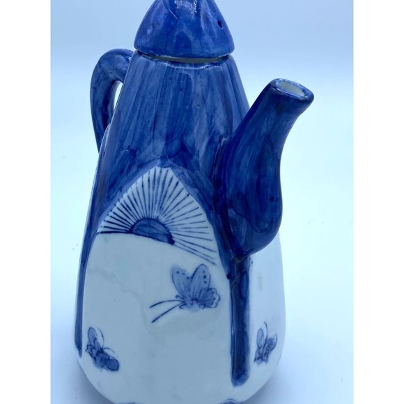 Unique Blue and White Japanese Tea Pot with Butterflies and Sunrises - Picture 2 of 7